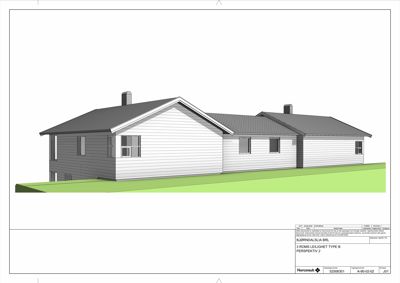3D-visualisering (rendering) av fasaden på en 3-roms leilighet (Type B) sett fra en vinkel.