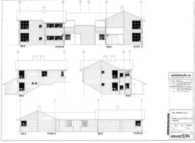 Fasadetegning som viser tre ulike vinkler (FRONT, SIDE, REAR) på en bygning med to etasjer og skrå tak.