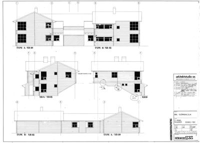 Fasadetegning som viser front- og sideutsikter på flere byggetyper (Type A, B, NR4, NR10) med vindus- og dørplasseringer.