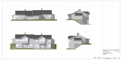 Fasadetegning som viser front- og sideopprikk av en boligtype.