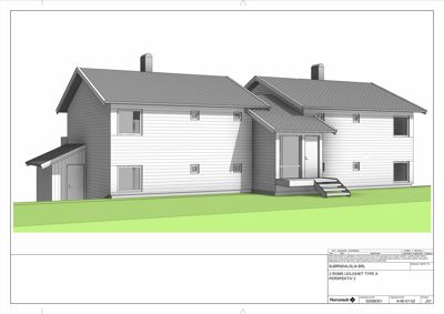 3D-visualisering (perspektivtegning) av en bolig med for- og sidefasade.