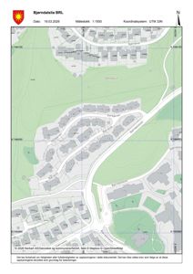 Situasjonsplan (BRL) som viser tomtens beliggenhet, nabolag, veier og topografi.