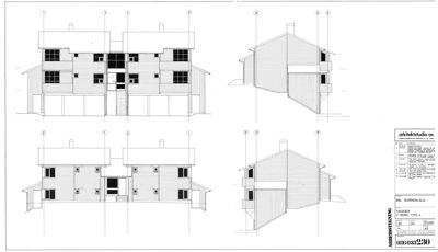 Fasadetegning som viser front- og sideopprikk av en bygning med vinduer, dører og takform.