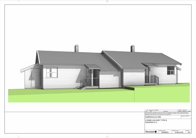3D-visualisering (rendering) av fasaden på en leilighetstype sett fra front.