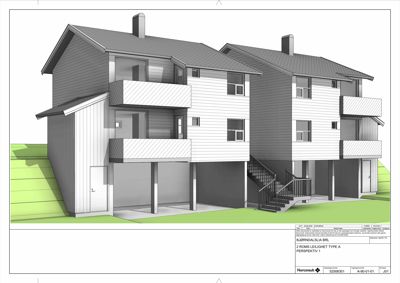 3D-visualisering (rendering) av fasaden på en boligblokk med to leilighetstyper.