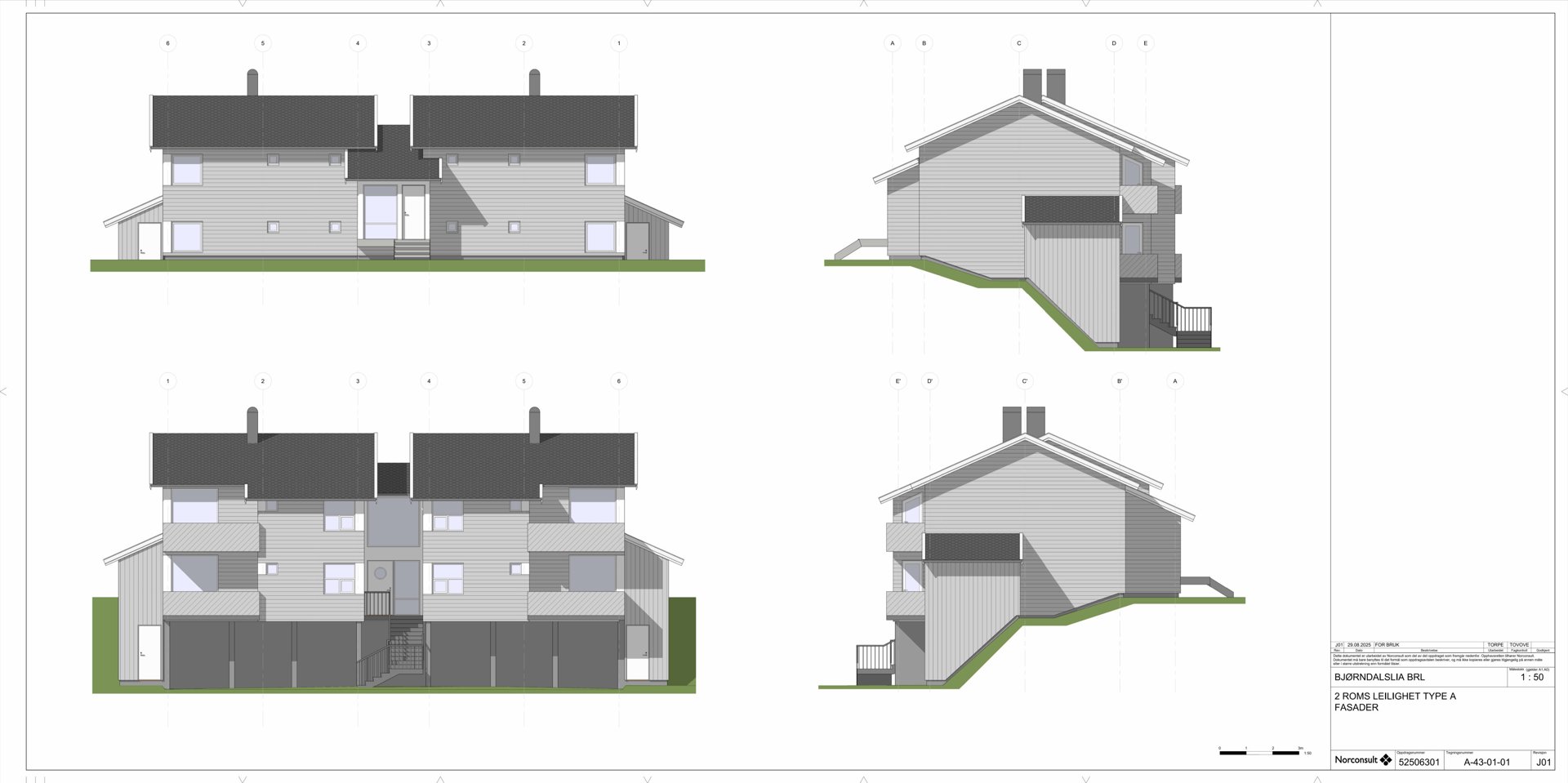 Fasadegrendering som viser front- og sideutsyn av en toetasjes bolig med garasje.