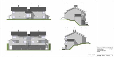 Fasadegrendering som viser front- og sideutsyn av en toetasjes bolig med garasje.