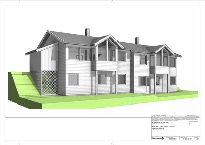 3D-visualisering (perspektiv) av en boligtype med fasade og grunnplan.
