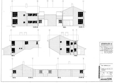 Fasadetegning som viser front- og sideutsikter på en bygning med vindus- og dørplasseringer.