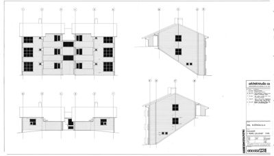 Fasadetegning som viser bygningens utsyn fra fire ulike vinkler (A, B, C og D).