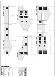 Fasadetegning som viser ulike vinkler og detaljer av en bygning (Type A, B og C) med vinduer, dører og takform.