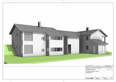 3D-visualisering (rendering) av en bolig med omgivelser, vist fra et perspektiv.