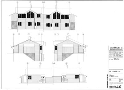 Fasadetegning som viser bygningens ytre utseende fra tre ulike vinkler (front, side og bak).