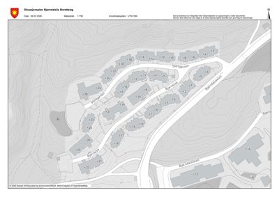Situasjonsplan for Bjørndalslia Borettslag som viser tomteforhold, topografi, veier og plassering av bygninger.