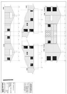 Fasadetegning som viser bygningens utseende fra tre ulike vinkler (Type A/NR6, Type A/NR8 og en tredje vinkel).
