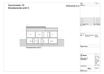 Snittegning av eksisterende bygning på Hurumveien 15, som viser romfordeling og høyder.