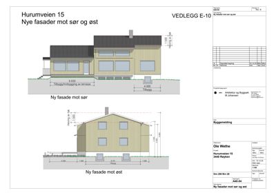 Bildet viser fasadetegninger for en bygning på Hurumveien 15, inkludert oppriss av fasaden mot sør og øst med mål.