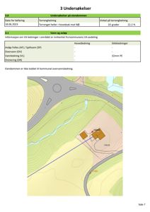 Situasjonsplan som viser eiendommen, vei, vann og avløpsledninger i forhold til terrenget.