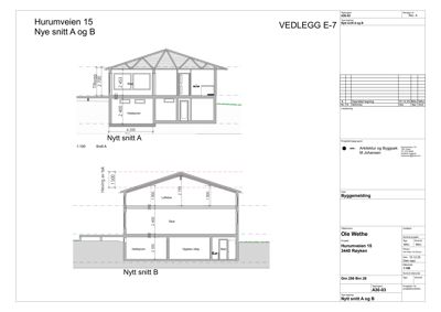 Tegning som viser to nye snitt (A og B) av en bygning, inkludert høyder og romfordeling.