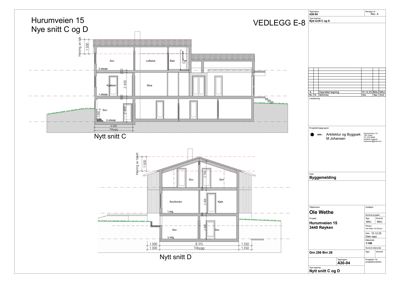 Bildet viser to nye snittegninger (Nytt snitt C og D) av en bygning på Hurumveien 15, med romfordeling og høyder.