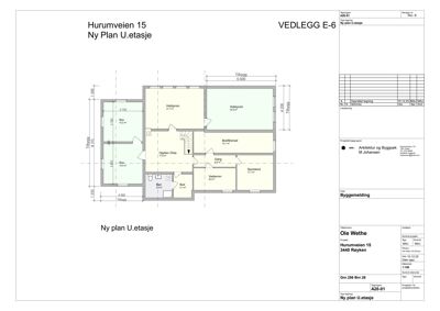 Plantegning av U-etasje (ny plan) for Hurumveien 15, som viser romfordeling, dimensjoner og arealer.
