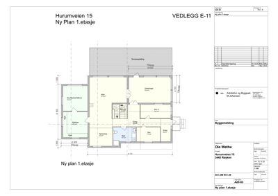 Etasjeplan for 1. etasje (Ny plan) av huset på Hurumveien 15, som viser romfordeling og mål.