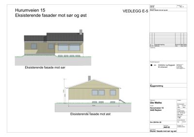 Tegning som viser eksisterende fasader mot sør og øst for en bygning på Hurumveien 15.
