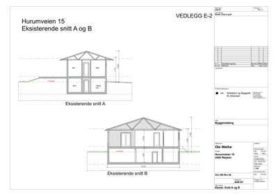 Tegning som viser tverrsnitt av en eksisterende bygning (Hurumveien 15) sett fra to vinkler (snitt A og B).