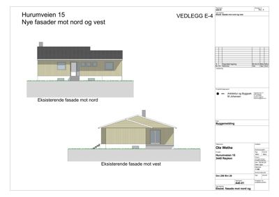 Bildet viser tegninger av eksisterende fasader mot nord og vest for en bygning på Hurumveien 15.