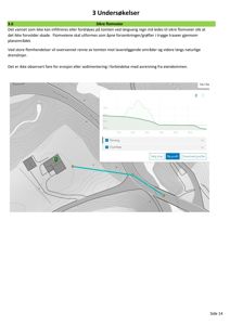 Bildet viser en digital situasjonsplan eller kart med topografi, vannløp og en markert trasé for flomveier.