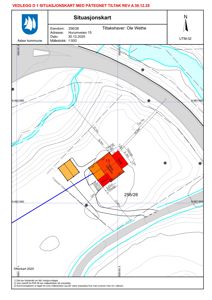 Situasjonskart som viser eiendommen 256/26 med bygningens plassering, høydeforhold og tilstøtende infrastruktur.