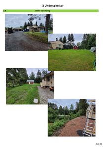 Fotografier av en eiendom med hus, garasje og hage fra befaring.