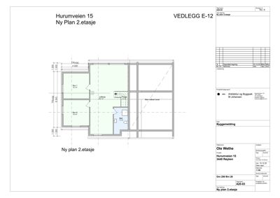 Plantegning av 2. etasje med romfordeling, mål og arealoppdeling.