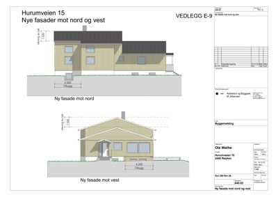 Fasadetegning som viser nye fasader mot nord og vest for en bygning på Hurumveien 15.