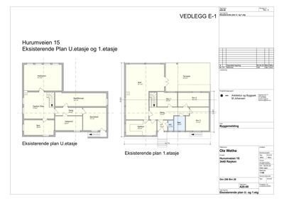 Etasjeplaner for eksisterende plan i U.etasje og 1.etasje av huset på Hurumveien 15.
