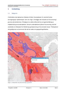 Kart som viser et område med overlagte data om forurensning (rødt og blått) og bystruktur. Bildet er en del av en rapport om miljøtekniske undersøkelser.