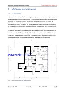 Etasjeplan (kjelleretasjen) som viser romfordeling, arealer og plassering av et prøvepunkt for grunnundersøkelse.