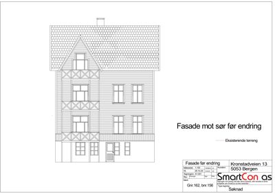 Fasadetegning som viser bygningens utseende mot sør før endring, inkludert tak, vinduer, balkonger og fasadepanel.
