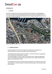 Flyfoto av et område i Bergen med markerte punkter og tekstbeskrivelser om eiendommen og området.