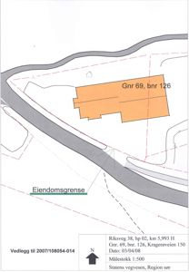 Situasjonsplan som viser eiendomsnummer (Gnr 69, bnr 126), eiendomsgrense, og plassering i forhold til Riksveg 38.