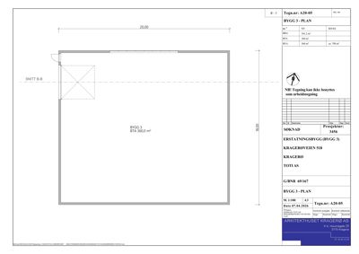 Etasjeplan (BYGG 3 - PLAN) som viser romfordeling og dimensjoner for en bygning.