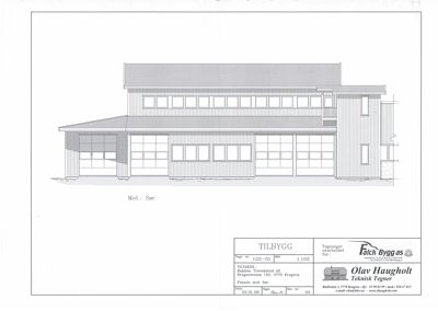 Fasadetegning som viser bygningens utseende sett fra sør (mot Sør).