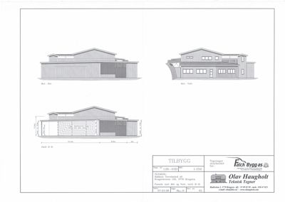 Fasadetegning som viser bygningens utseende fra tre ulike vinkler (Mot. Øst, Mot. Vest og Snitt B-B).