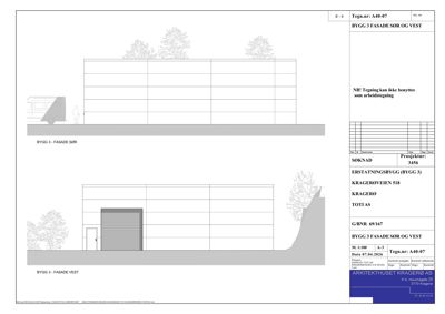 Fasadetegning som viser oppriss av bygning sett fra sør og vest, inkludert detaljer om vinduer, dører og terrengforhold.