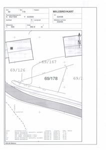 Målebrevkart som viser eiendomsnummer 69/178, grenser til naboene, og punktbeskrivelser for grensemerker.