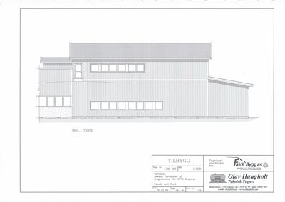 Fasadetegning som viser bygningens utseende sett fra nord.