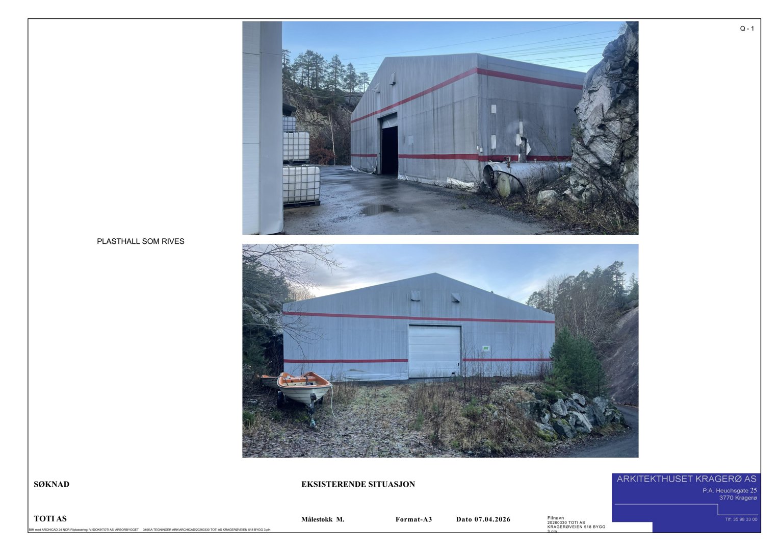 Fotografier av en eksisterende plasthall (situasjonsbilder) som viser bygningens utseende og omgivelser.