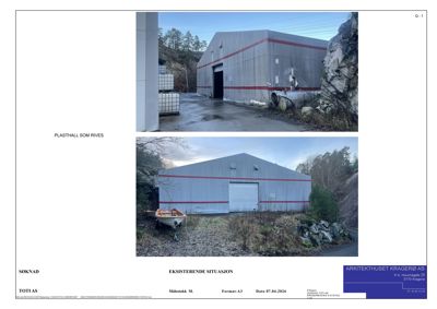 Fotografier av en eksisterende plasthall (situasjonsbilder) som viser bygningens utseende og omgivelser.