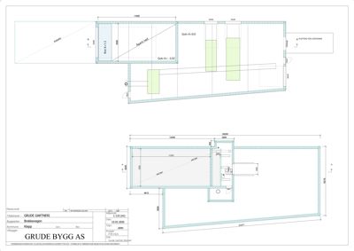 Etasjeplan eller situasjonsplan som viser romfordeling, mål og nivåforskjeller (golvhøyder) for en bygning.