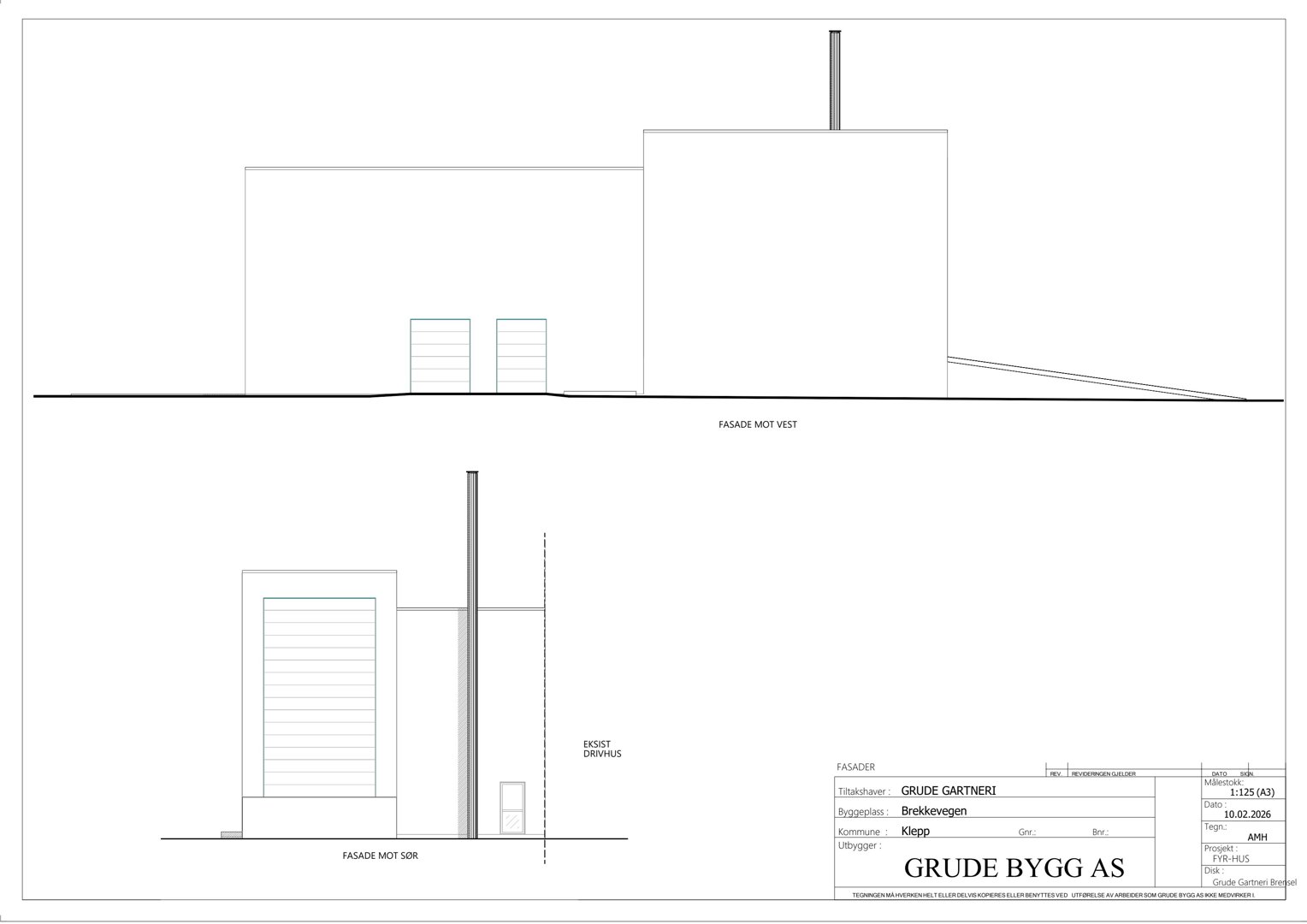 Fasadetegning som viser bygningens utseende sett fra vest og sør.